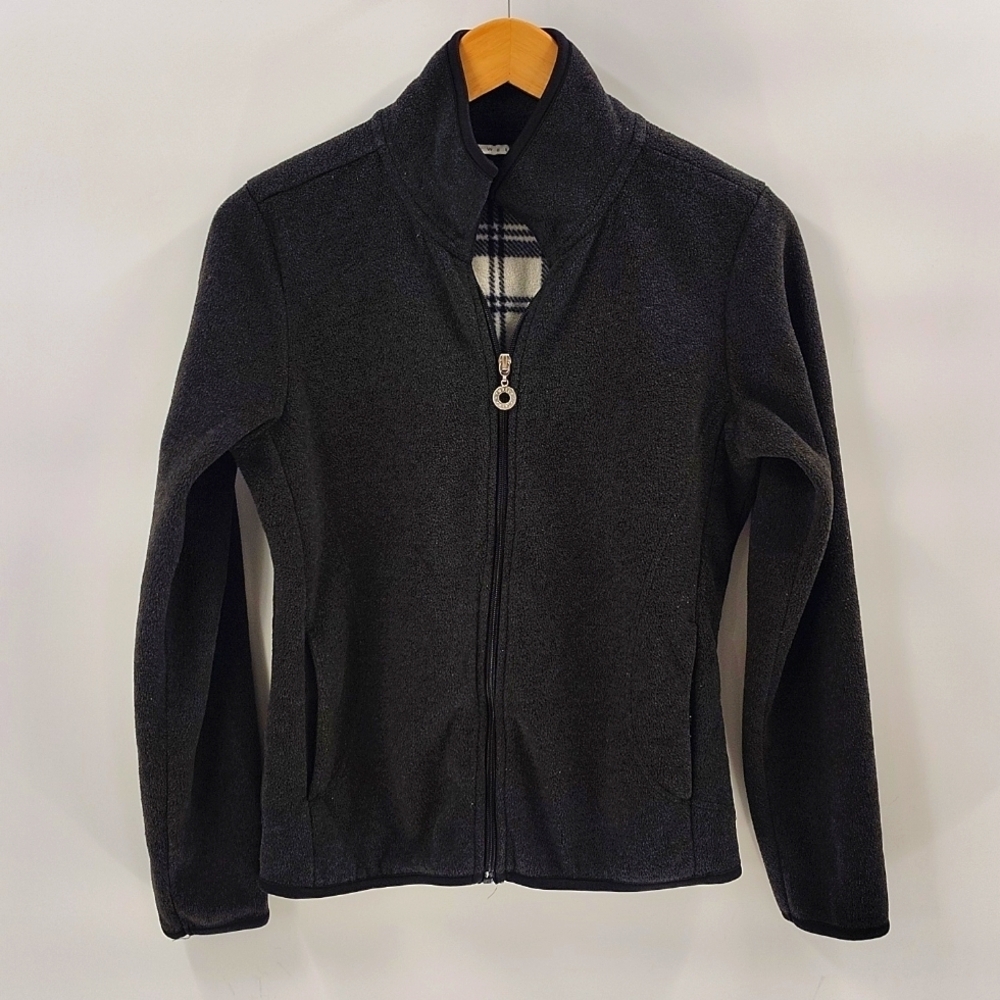 TWEEDS Fleece Jacket Size Medium Full Zip Charcoal Gray Side Pockets Plaid Lined